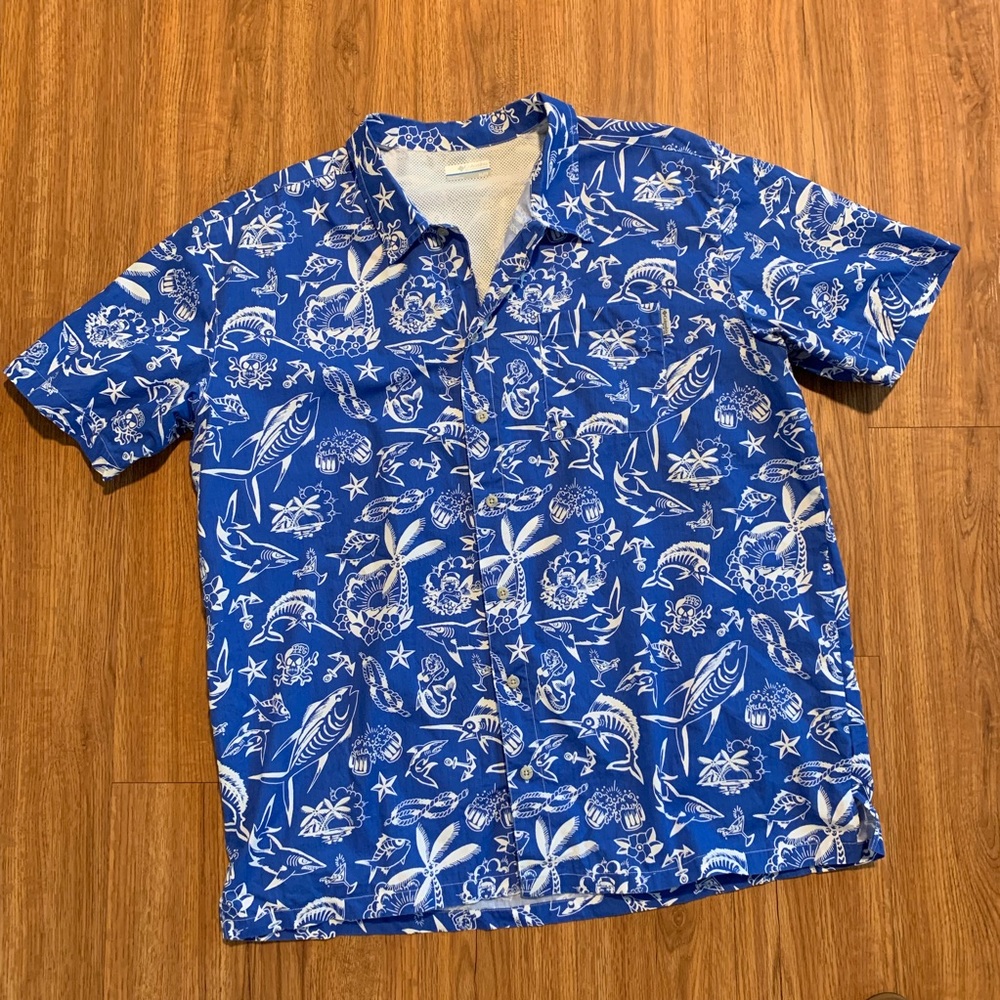 Columbia Blue Short Sleeve PFG Shirt XL Fish
